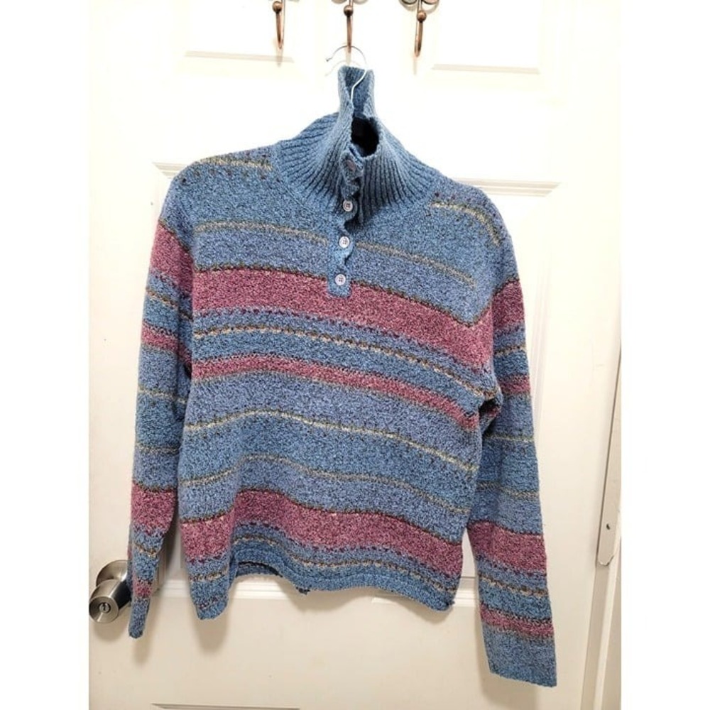 Erika Multicolor Striped Button-Up‎ Pullover Turtles Neck Sweater Size s